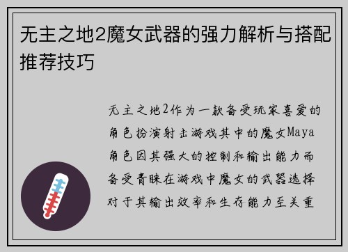 无主之地2魔女武器的强力解析与搭配推荐技巧